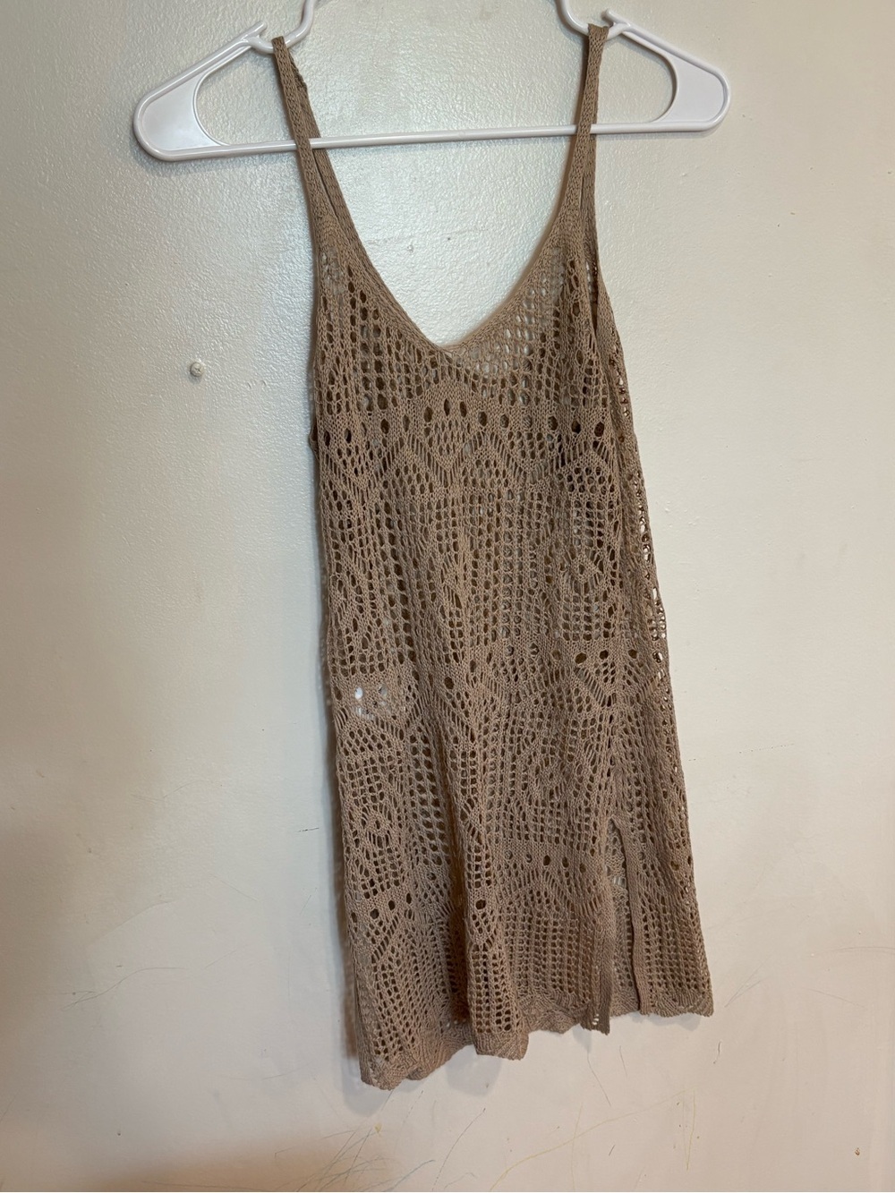 Crochet Knit Swimsuit Cover Up Tank Dress in Taupe size small